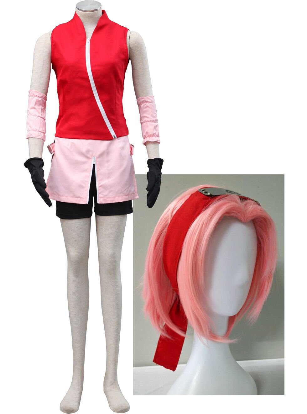 NARUTO Haruno Sakura Cosplay Costume + Red Konoha Headband + Wig